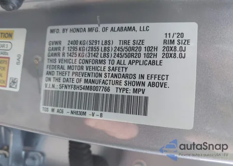 2021 Honda Passport Awd Ex-L from USA, damaged, VIN 5FNYF8H54MB007766